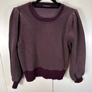 Adrianna Papell Womens Sz Lg Plum Purple Dotted‎ Print Puff Sleeve Sweater
